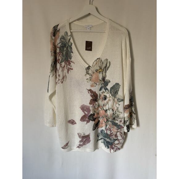 J. Jill Sweater Large Floral Lightweight Vneck Relaxed New Linen Blend - Picture 1 of 14